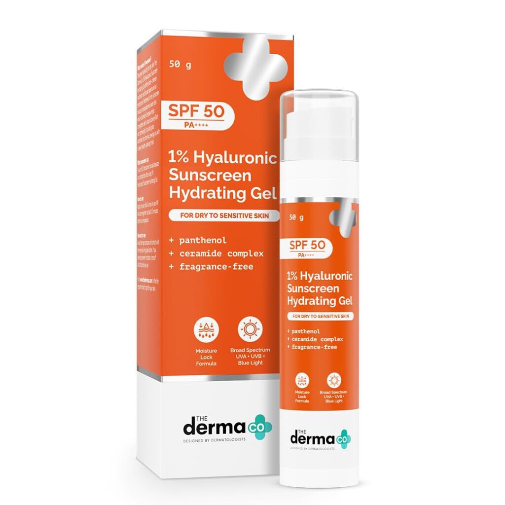 The Derma Co 1% Hyaluronic Sunscreen Hydrating Gel SPF 50 PA++++ | For Dry, Sensitive Skin | Lightweight Texture | No White Cast | UVA/UVB, Broad Spectrum Protection & Blue...