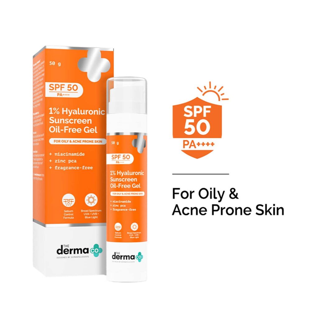 The Derma Co 1% Hyaluronic Sunscreen Oil-Free Gel Lightweight Sunscreen Acne-Prone Skin (50 g) - The Derma Co