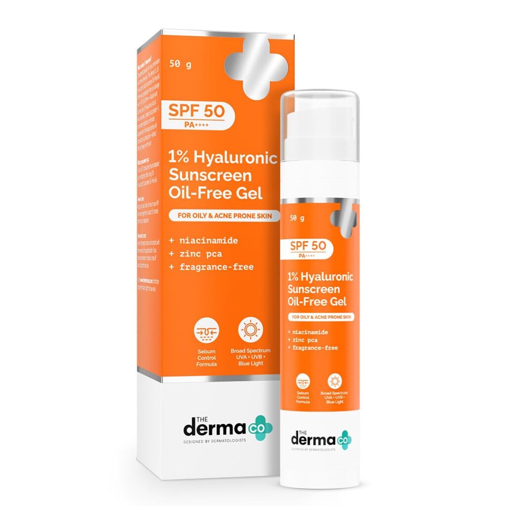 The Derma Co 1% Hyaluronic Sunscreen Oil-Free Gel SPF 50 PA++++ | For Oily, Acne-Prone Skin | Lightweight Texture | No White Cast | UVA/UVB, Broad Spectrum Protection & Blue...