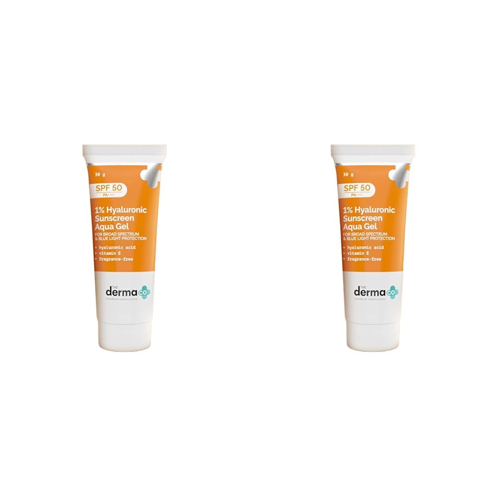 The Derma Co 1% Hyaluronic Sunscreen SPF 50 Aqua Gel, PA++++, Lightweight, No white-cast for Broad Spectrum & Blue Light Protection for Oily, Dry, Acne-prone Skin - 30g (Pack of 2)