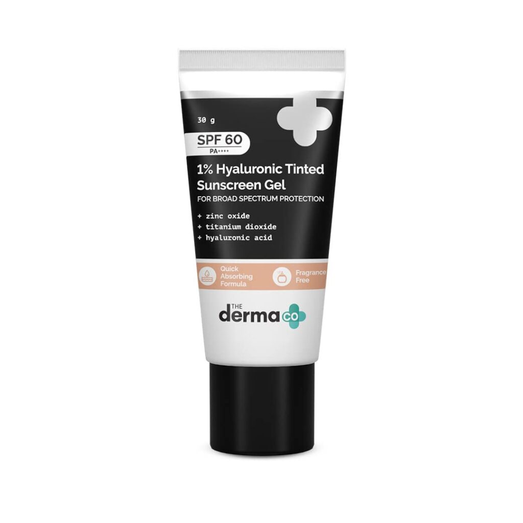 The Derma Co 1% Hyaluronic Tinted Sunscreen For All Skin Types Spf 60 Gel, Pa++++, No White Cast, Lightweight, Broad Spectrum Protection - 30G, Pack Of 1