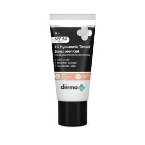 The Derma Co 1% Hyaluronic Tinted Sunscreen For All Skin Types Spf 60 Gel, Pa++++, No White Cast, Lightweight, Broad Spectrum Protection - 30G, Pack Of 1