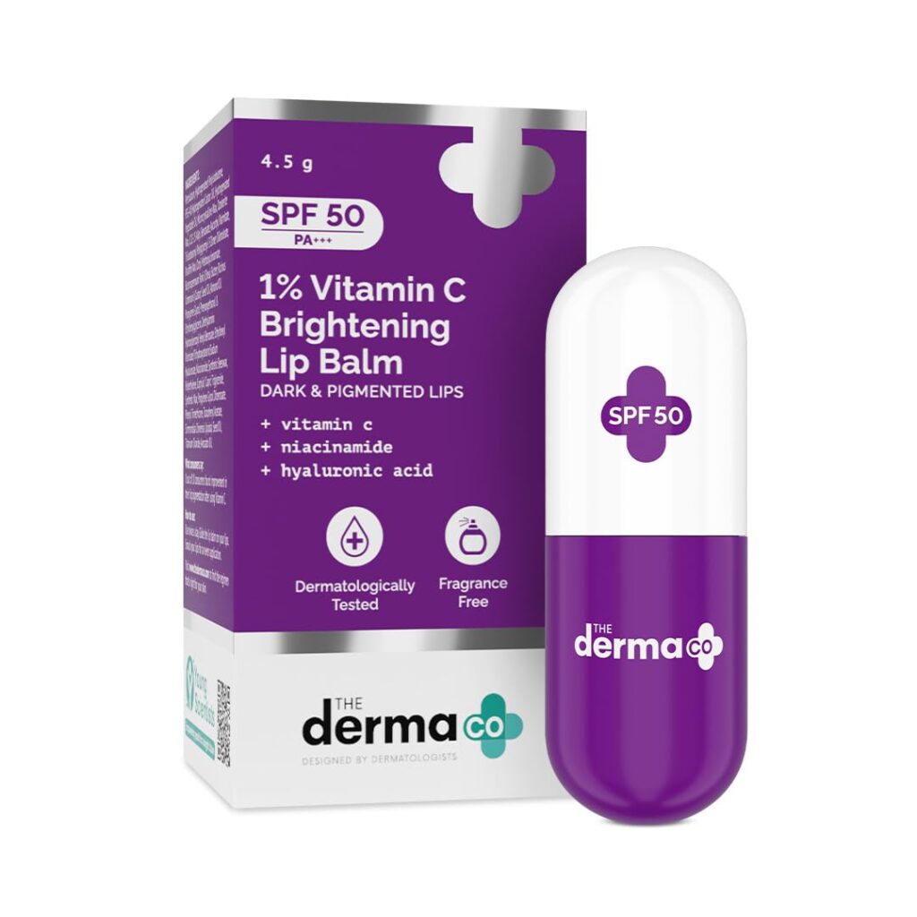 The Derma Co 1% Vitamin C Brightening Lip Balm with SPF 50 PA +++ I With Niacinamide & Hyaluronic Acid | Reduce Lip Pigmentation | Protects From Sun Damage | For Dark,...