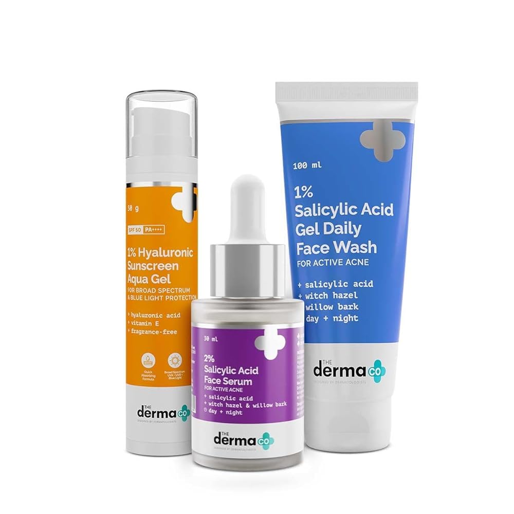 The Derma Co Anti Acne Skincare Routine Kit For All Skin 1% Salicylic Acid Gel Face Wash+2% Salicylic Acid Serum+1% Hyaluronic Sunscreen Aqua Gel|Broad Spectrum Protection Spf...