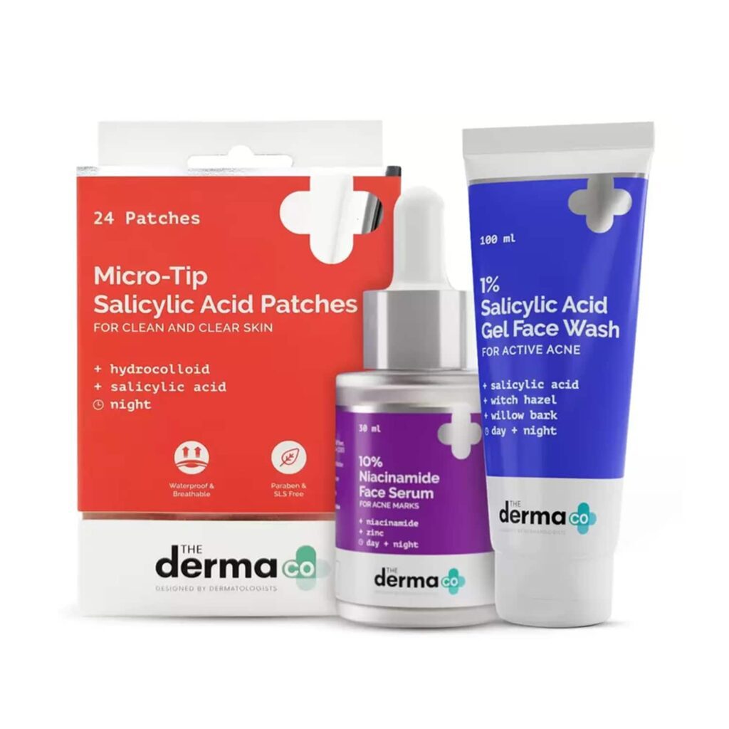 The Derma Co Fight Acne & Acne Marks Kit - Serum + Face Wash + Micro-Tip Salicylic Acid Acne Patches - The Derma Co