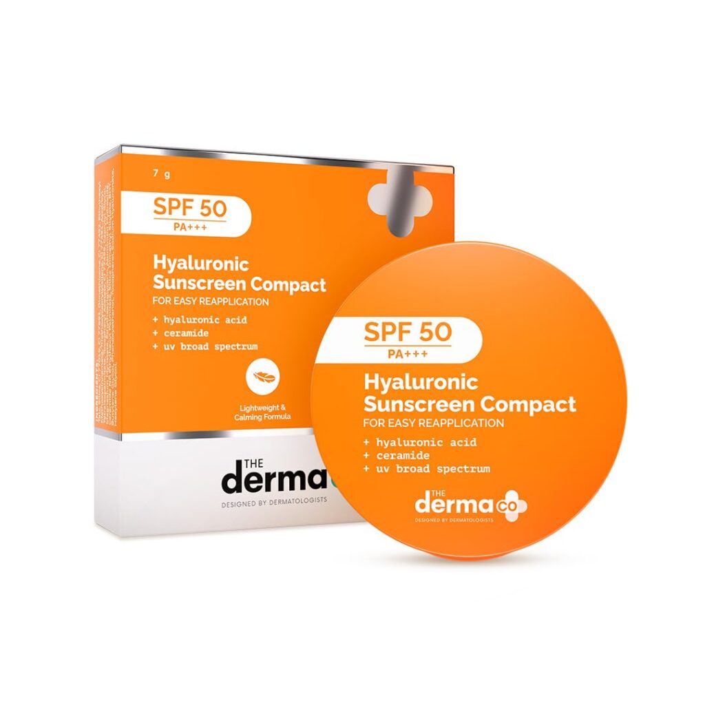 The Derma Co Hyaluronic Sunscreen Compact Powder SPF 50 PA+++ with Ceramides For All Skin Types | Matte Finish | Even Skin Tone | Oil Control | Non sticky - 7g