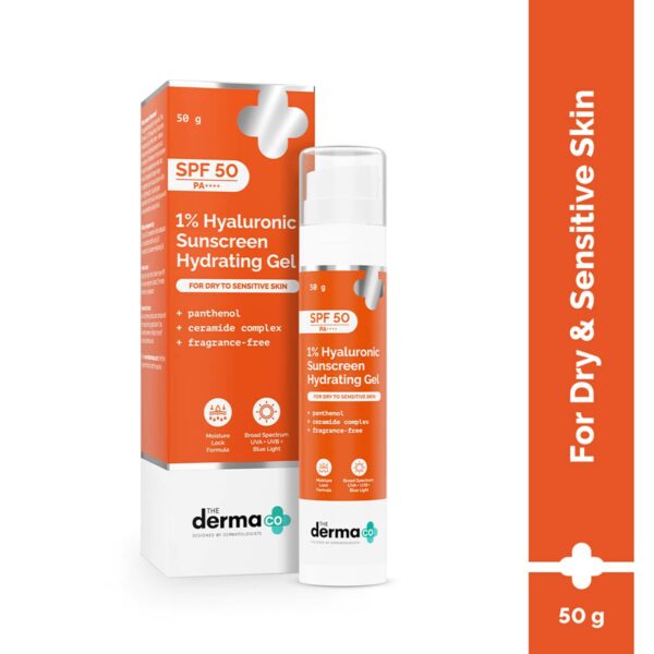 The Derma Co1% Hyaluronic Sunscreen Hydrating Gel SPF 50 PA ++++ for Sensitive Skin (50 g) - The Derma Co