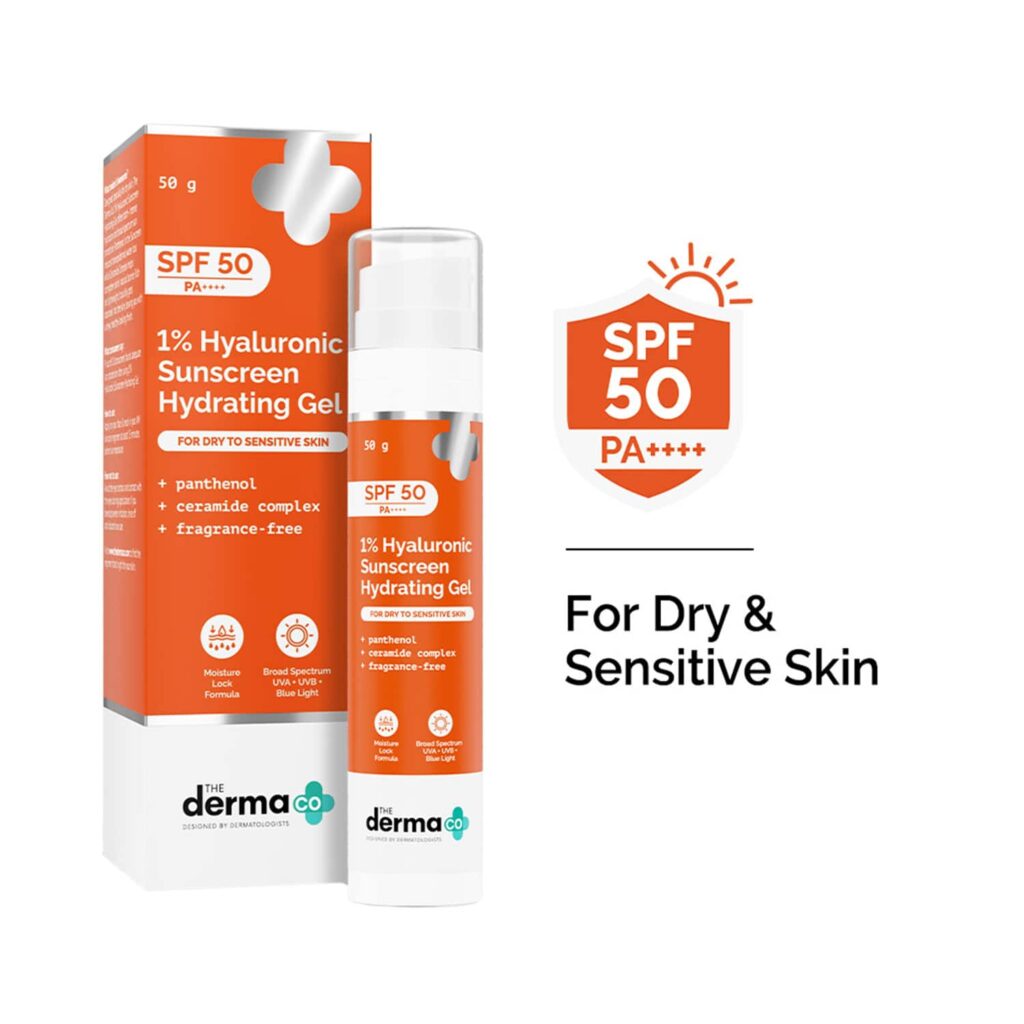The Derma Co1% Hyaluronic Sunscreen Hydrating Gel SPF 50 PA ++++ for Sensitive Skin (50 g) - The Derma Co