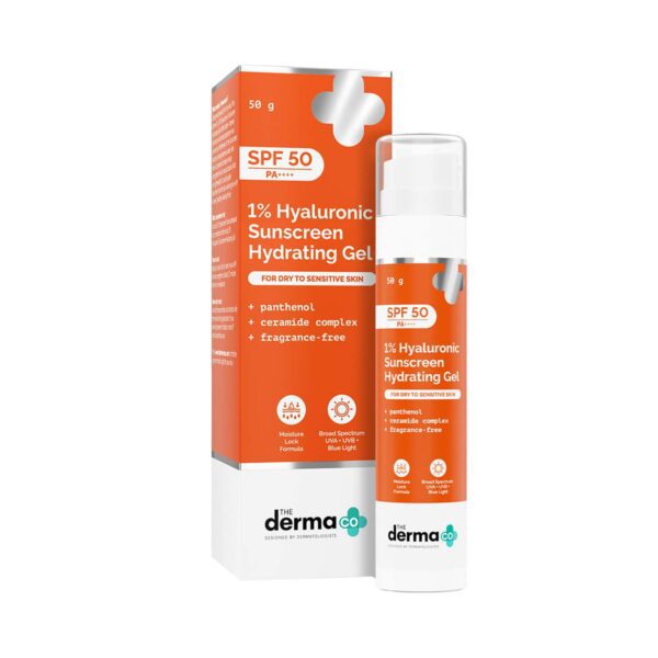 The Derma Co1% Hyaluronic Sunscreen Hydrating Gel SPF 50 PA ++++ for Sensitive Skin (50 g) - The Derma Co