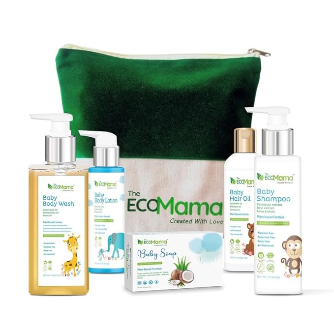 The Eco Mama 5-In-1 Essential Baby Skin & Hair Care Combo Kit (Large) For New Born Babies & Kids|With Tear Baby Shampoo (200Ml), Soap (100Gm), Body Lotion (200Ml), Body Wash...