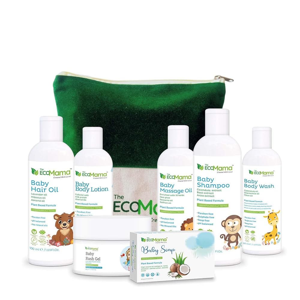 The Eco Mama 7-in-1 Baby Skin & Hair Care Combo Kit (Medium) with Toxin Free Tear Free Baby Shampoo, Massage Oil, Body Lotion, Body Wash, Hair Oil (100ml Each), Rash Cream (50...