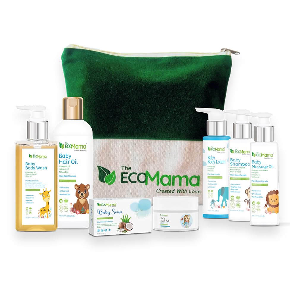 The Eco Mama Baby (5 in 1) Essential Baby Care Kit - Small | Contains Tear Free Baby Shampoo (50ml), Soap (100gm), Body Lotion (50ml), Body Wash (50ml), Hair Oil (50ml) and a...