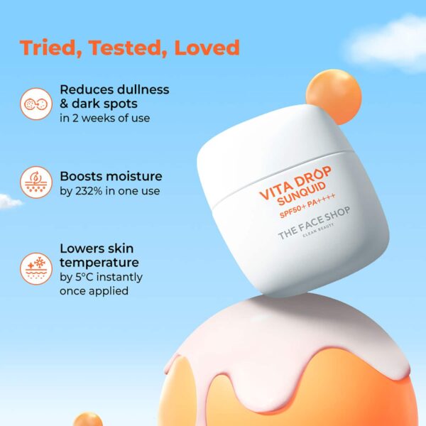 The Face Shop Vita Drop Sunquid SPF50+ PA++++, Korean Fluid Sunscreen, Vitamin C & Hyaluronic (50ml) - The Face Shop