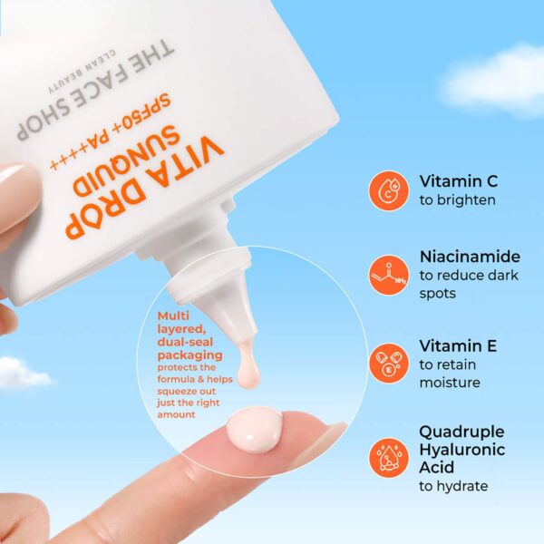 The Face Shop Vita Drop Sunquid SPF50+ PA++++, Korean Fluid Sunscreen, Vitamin C & Hyaluronic (50ml) - The Face Shop