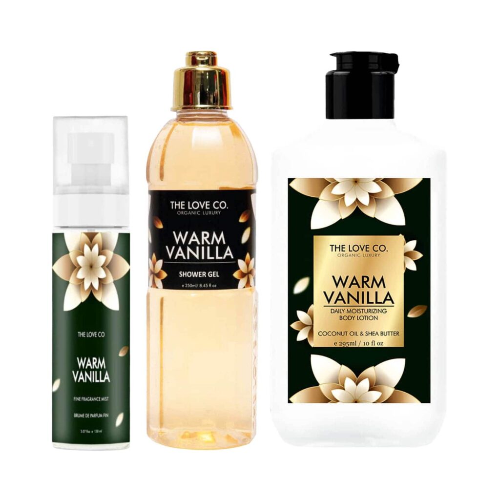 THE LOVE CO. Warm Vanilla Shower Gel + Body Lotion + Body Mist Pack of 3 Combo - THE LOVE CO.