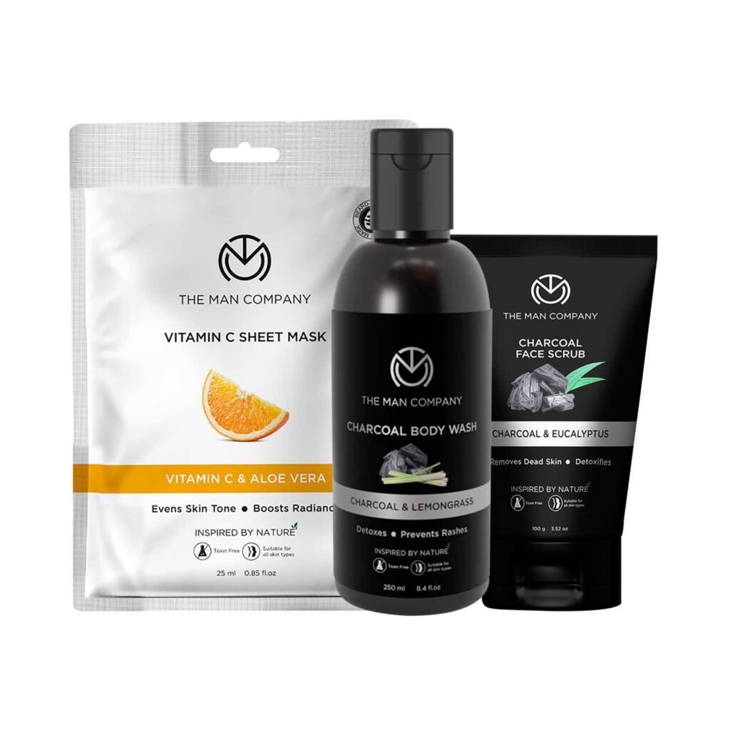 The Man Company Charcoal Exfoliating  Scrub (100g), Body Wash  (250 ml) & Sheet Mask (25 ml) Combo - The Man Company