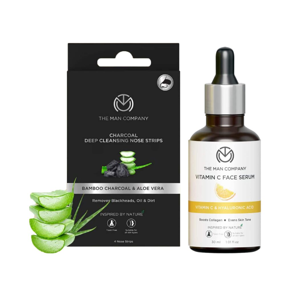 The Man Company Vitamin C Face Serum & Charcoal Deep Cleanshing Nose Strips Combo - The Man Company