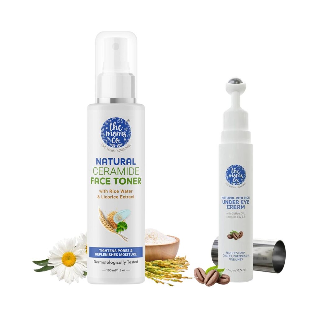 the moms co. Face Toner with Rice, Replenishes Moisture (100ml) & Rich Under Eye Cream (15g) Combo - the moms co.