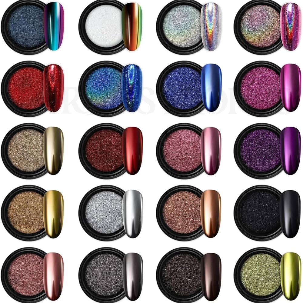 THR3E STROKES Chrome Nail Powder Metallic Mirror Glitter Effect Pigment Iridescent Aurora Mermaid Pearl Dust Kit for Gel Polish Nail Art Decoration, Resin Craft Arylic Powder (20)