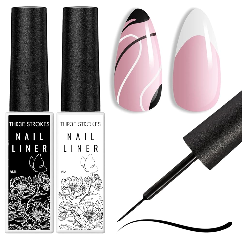 THR3E STROKES Gel Nail Polish Liner Set 8ML, 2 Color Nail Art Winter French Polish White Black for French Tip Swirl Draw Nail Soak Off UV Curing Built Thin Brush Manicure Set...