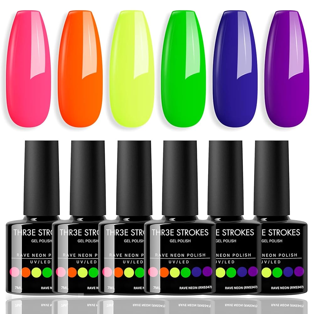 THR3E STROKES Gel Nail Polish Set - 6 Colors Gel Polish Glitter Gel Polish Sparkle Nail Polish Gel Manicure DIY Salon Nail Art Gifts (RAVE NEON (RN5347), 7.5ML)
