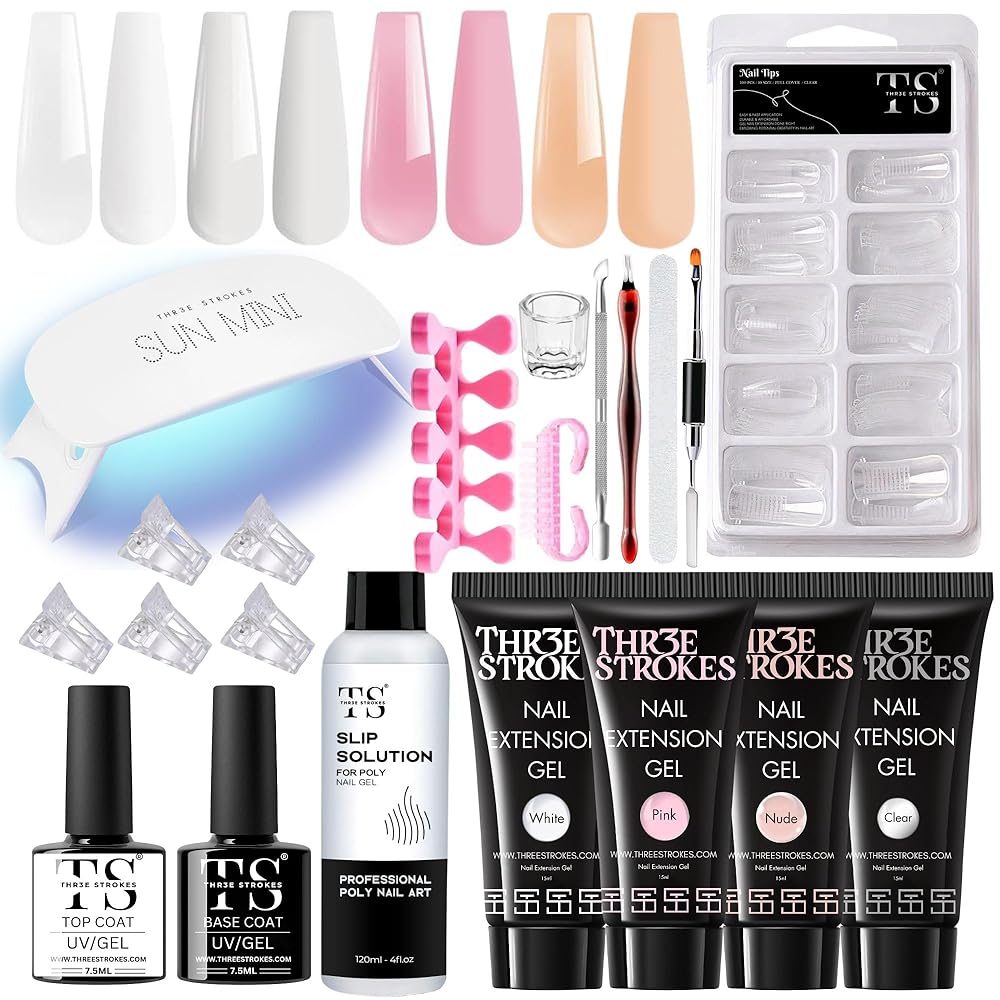 THR3E STROKES Poly Nail Extension Gel Kit with UV LED Lamp, Slip Solution, Nail Gel Brush, Dual-Form Nail Tips & Manicure Tools - Professional Nail Art Kit for DIY Salon-Quality...