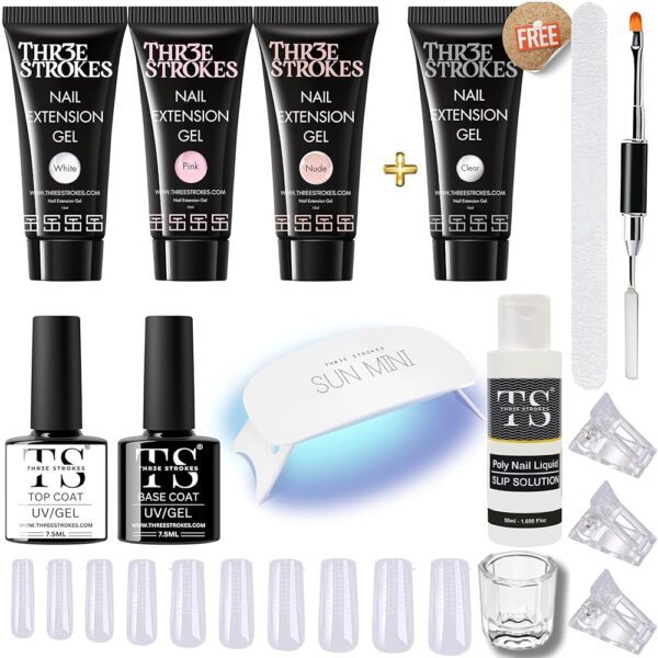 THR3E STROKES Poly Nail Gel Extension Kit for Builder Gel UV Nail Art Kit Nail Extension Set 15 ML EACH (Pink, Clear, White, Nude ) (GEMZ KIT)