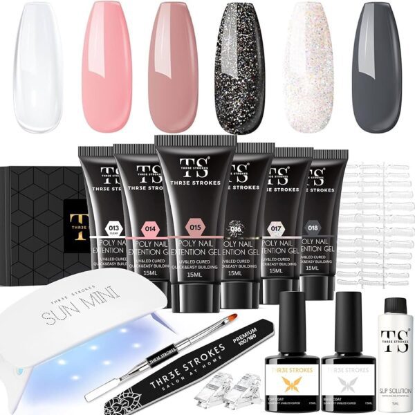 THR3E STROKES Poly Nail Gel Extension Kit for Builder Gel UV Nail Art Kit Nail Extension Set (Nude, Pink, White) (62 Items in the set)( MINIMUM 180S TO DRY)(BEGGINERS KIT) (3)