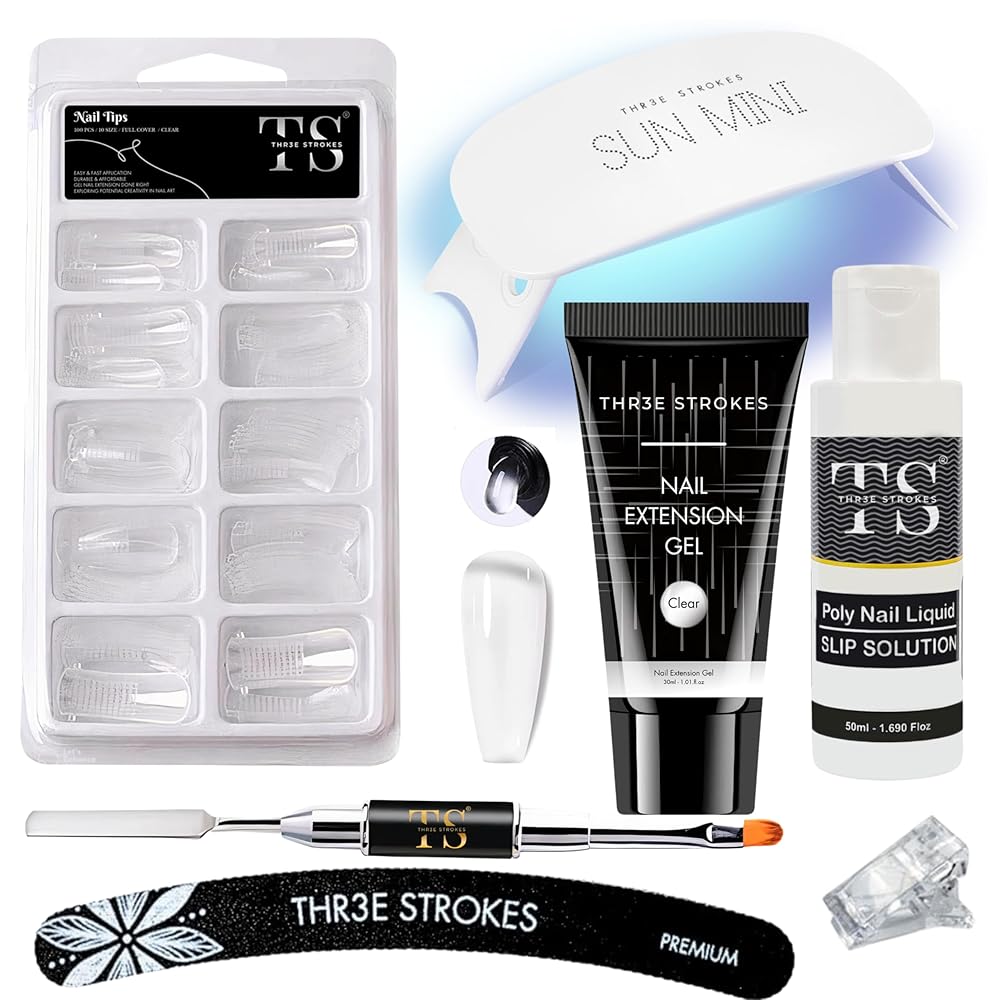 THR3E STROKES Poly Nail Gel Extension Kit, UV Nail Lamp, Builder Gel, Slip Solution, Nail Art Kit (CLEAR)