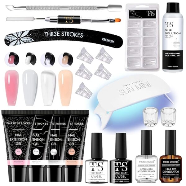 THR3E STROKES TOXIC FREE Poly Nail Gel Extension Kit for Builder Gel, UV Nail Art Kit, Nail Extension Set, Glue-Free Manicure and Pedicure Set (20 Items in Set)(RUBY KIT)