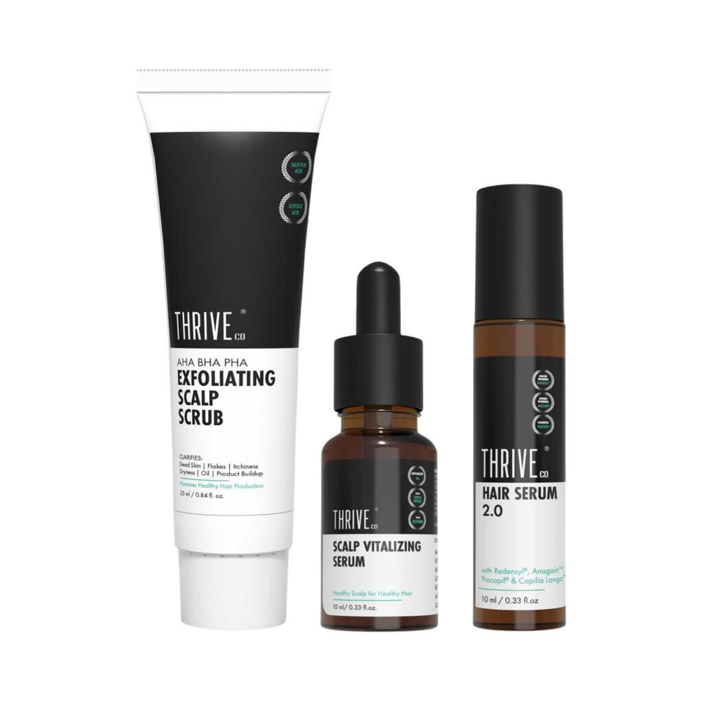 ThriveCo Triple Action Hair Health Kit With Scalp Serum, Scrub & Hair Serum 2.0 Roll On (3 pcs) - Thriveco