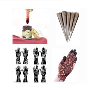 Truvic Maroon Herbal Dip Mehndi Natural Henna Paste Cones & Stencil Kit for Hands (Pack of 1pcs Dip+5Pcs Cone+2Set Mehendi Sticker Any Design