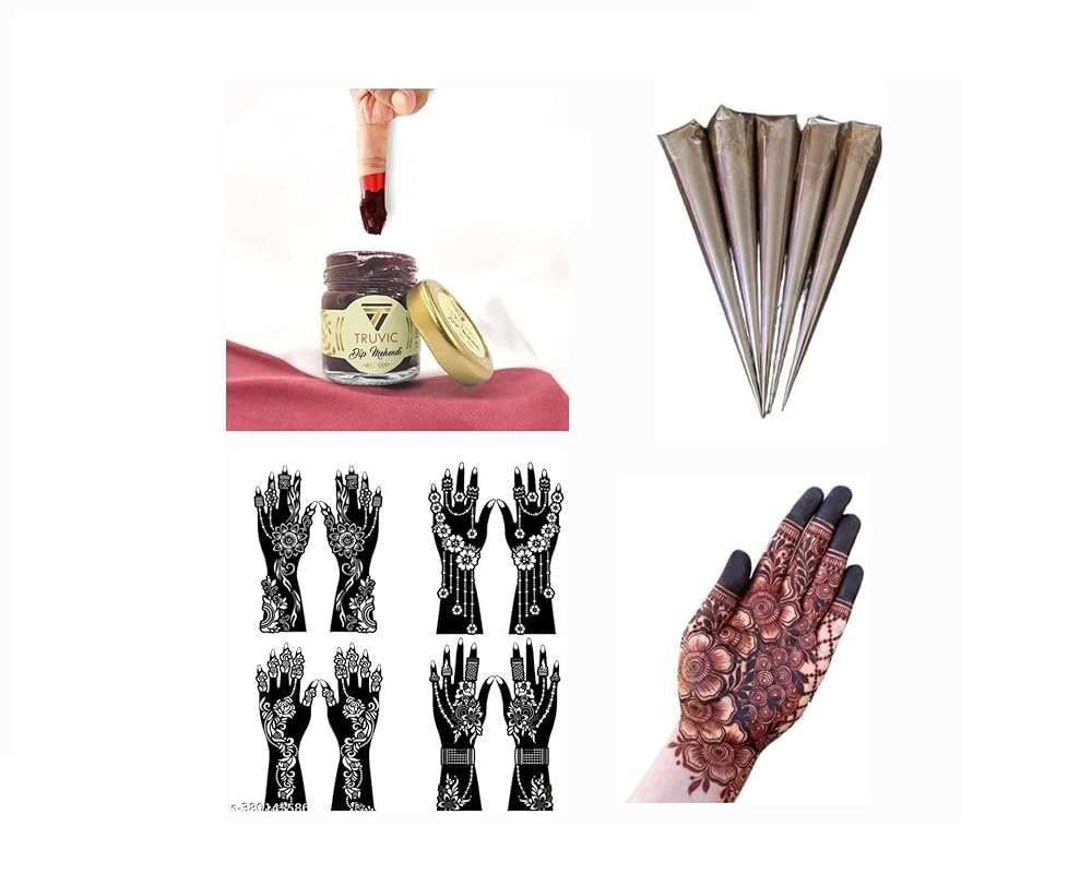 Truvic Maroon Herbal Dip Mehndi Natural Henna Paste Cones & Stencil Kit for Hands (Pack of 1pcs Dip+5Pcs Cone+2Set Mehendi Sticker Any Design