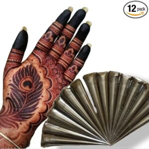 Ublic Natural Organic Bridal Henna Mehendi Cones For Hand, Feet And Body Designs Fine Detailing With Long Lasting Dark Red Brown Colour Stain (Pack of 12)