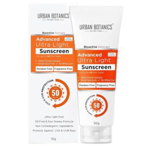 UrbanBotanics Advance Ultra Light Sunscreen SPF 50 PA+++ - Oil Free - Non Comedogenic- Water/Sweat Resistant - Protect against UVA/UVB Rays - Zero White Cast - For Men & Women, 50g