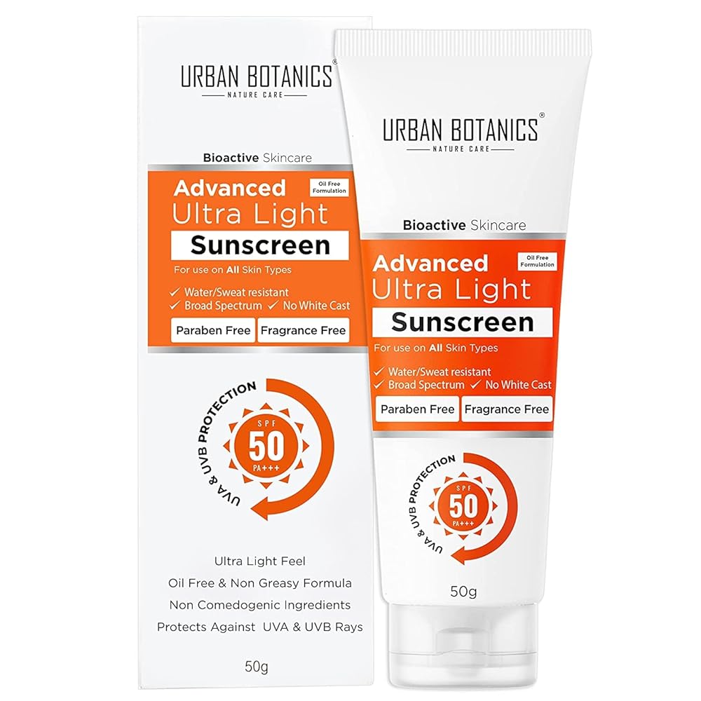 UrbanBotanics Advance Ultra Light Sunscreen SPF 50 PA+++ - Oil Free - Non Comedogenic- Water/Sweat Resistant - Protect against UVA/UVB Rays - Zero White Cast - For Men & Women, 50g