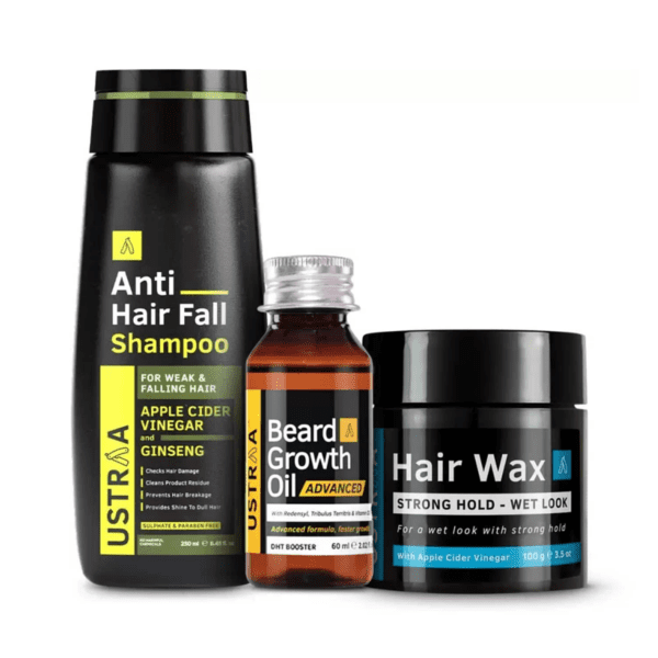 Ustraa Beard Growth Oil Advanced 60ml, Hair Wax Wet Look 100g & Anti-hair Fall Shampoo 250ml - 3pcs - Ustraa