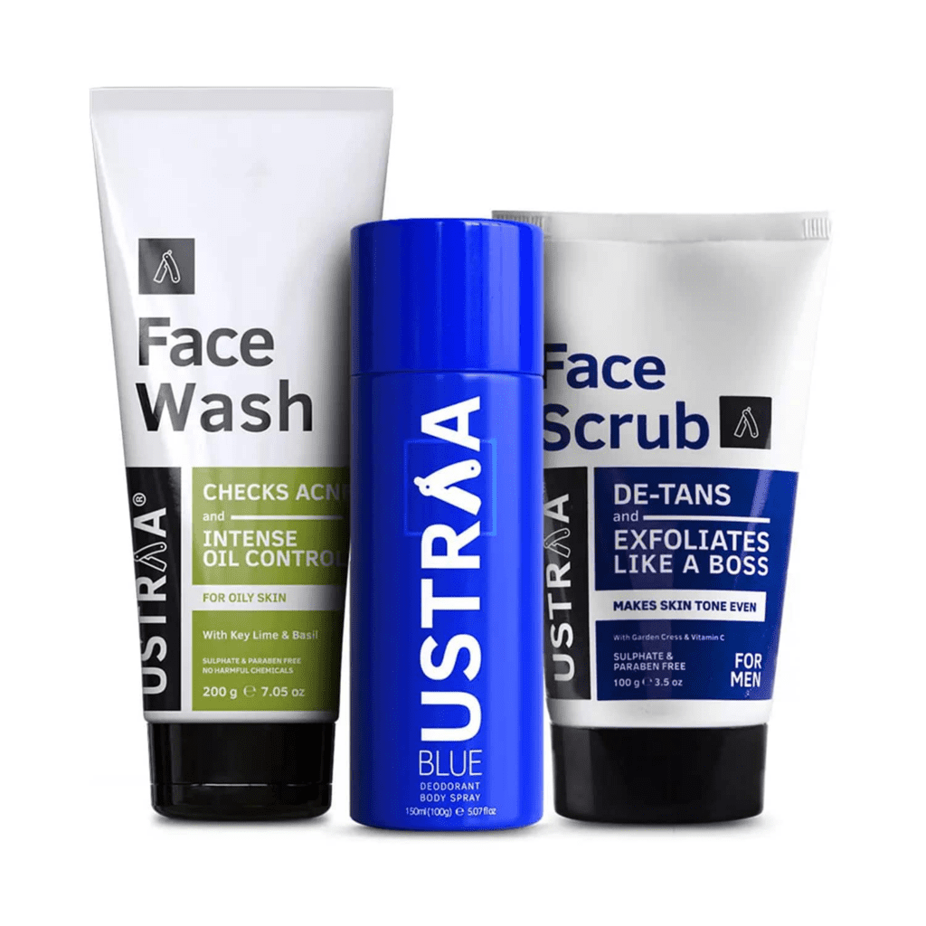 Ustraa Blue Deodorant 150ml, Face Wash Oily Skin 200g & De-tan Face Scrub 100g - 3pcs - Ustraa