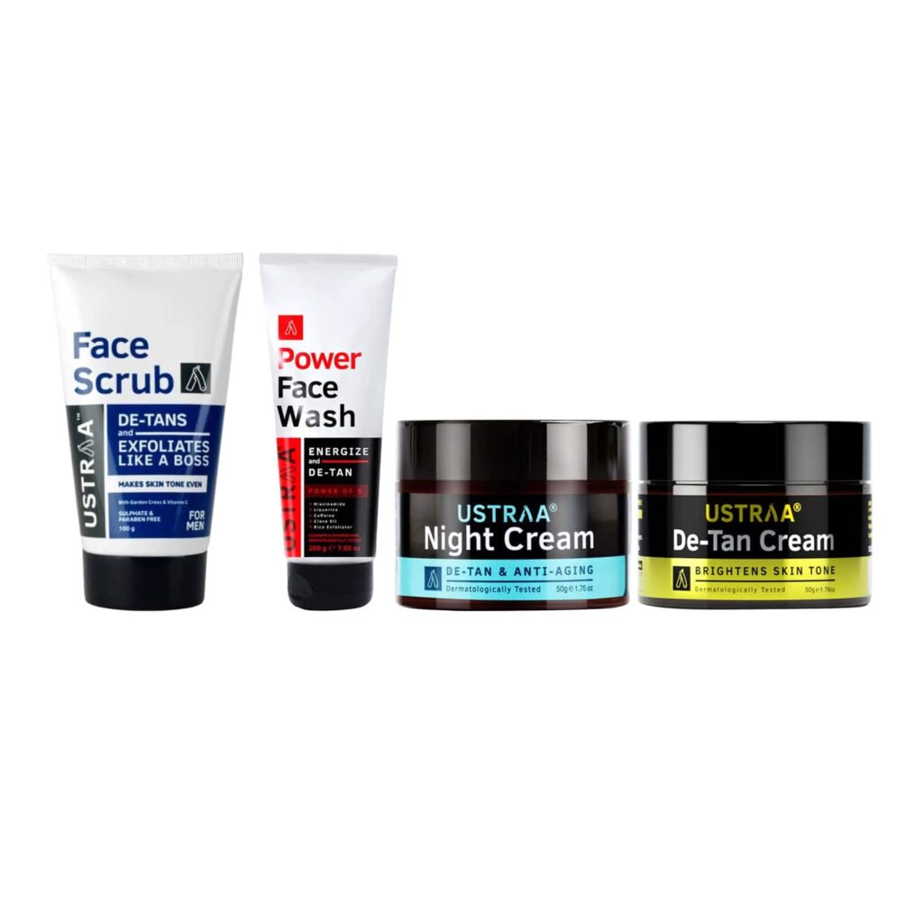 Ustraa Energize And De-Tan Power Face Wash, Skin Tone Cream, Night Cream & Mens Face Scrub Combo - Ustraa