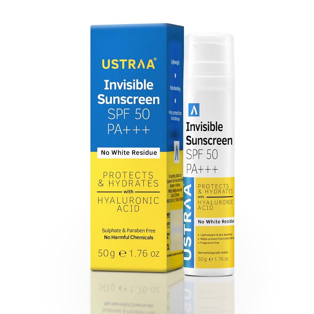 Ustraa Invisible Sunscreen For All Skin Type - Spf 50 & Pa+++ | 50G | No White Residue | Lightweight & Fast Absorbing | With Hyaluronic Acid | For Men & Women | Fragrance-Free