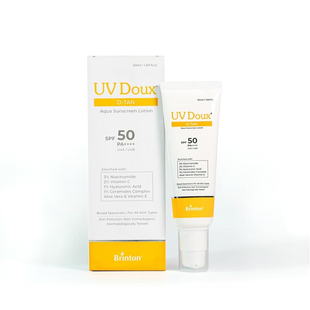 UV Doux D-Tan Aqua Sunscreen Lotion Enriched with Enriched with 3% Niacinamide, 2% Vitamin C, 1% Hyaluronic Acid, 1% Ceramide, Aloe Vera & Vitamin E | SPF 50 PA++++ Broad...