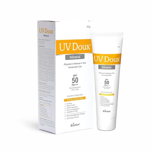 UV Doux Mineral Tinted Sunscreen Gel with SPF 50 PA+++ Broad Spectrum | 100% Mineral Sunscreen with Zinc Oxide & Titanium Dioxide with No White Cast | Matte Finish with Sweat &...