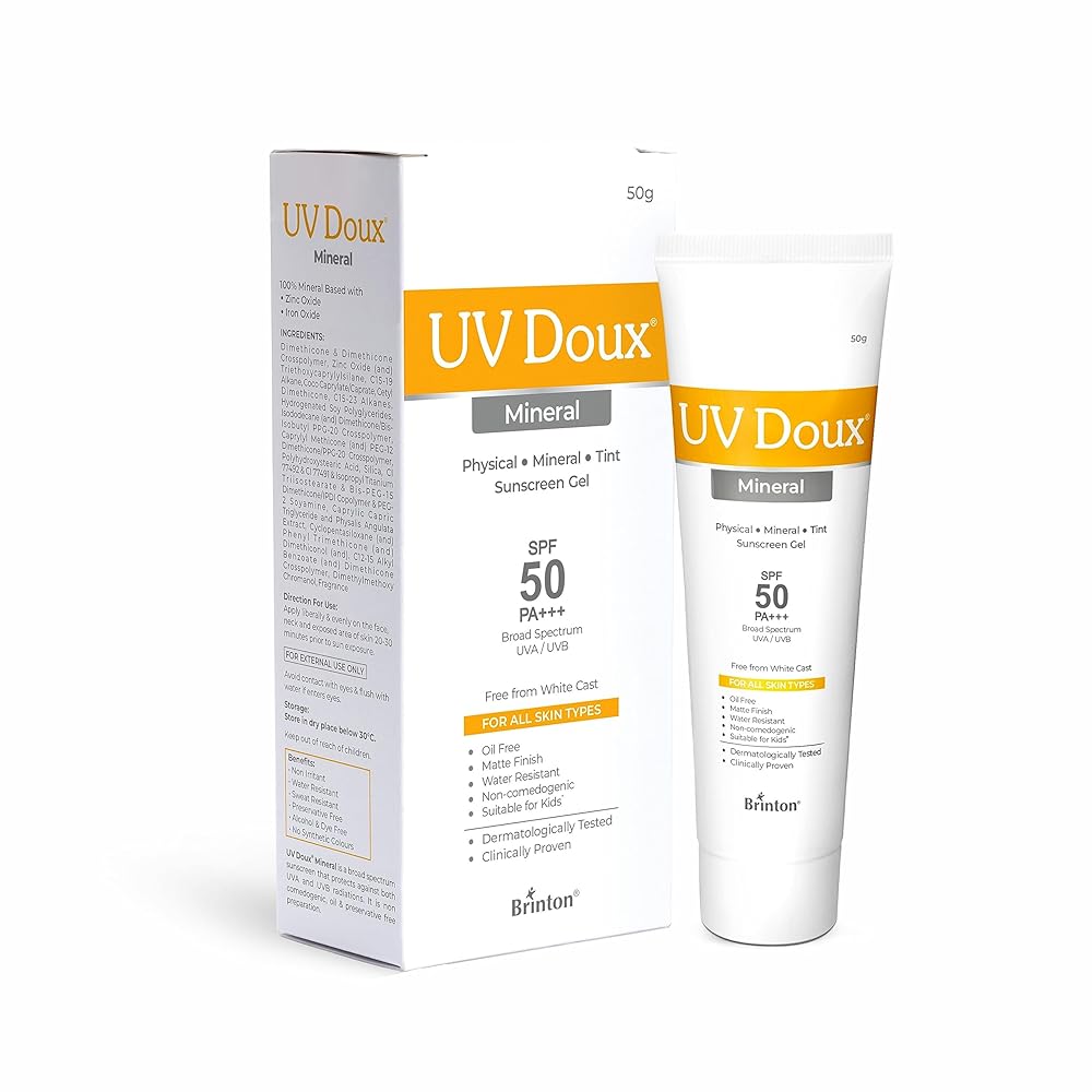 UV Doux Mineral Tinted Sunscreen Gel with SPF 50 PA+++ Broad Spectrum | 100% Mineral Sunscreen with Zinc Oxide & Titanium Dioxide with No White Cast | Matte Finish with Sweat &...