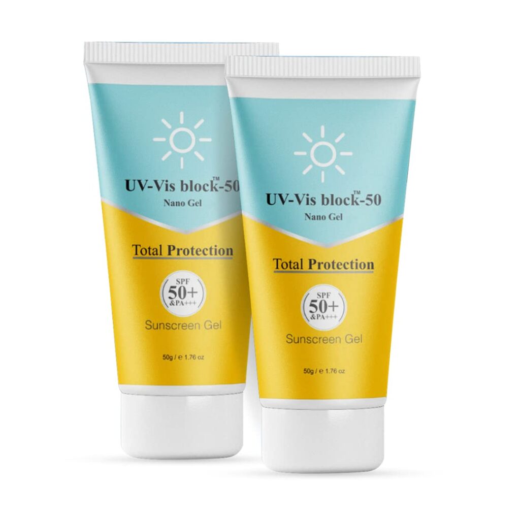 UV-VIS BLOCK Broad Spectrum Sunscreen Gel with SPF 50, PA+++, Pack of 2-50g | UVA/UVB Sun Protection | Anti-aging, Anti-Acne Formula For Oily, Dry Skin | With Vitamin E, Green...