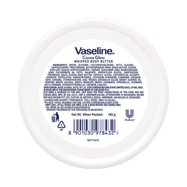 Vaseline Cocoa Glow Whipped Body Butter with Cocoa & Shea Butter for Glowing Soft Skin (180g) - Vaseline