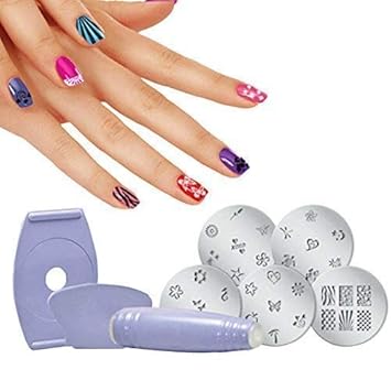 VDHJA Professional 5 Round Steel Image Plates Nail Polish Art kit for Decoration Stamping Design Decals Paint Stamp Kit Silicone Stamper & Scraper (Multicolor)