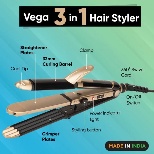 Vega 3 in 1 Hair Styler Straightener Curler and Crimper for Women All Hair Types (VHSCC-01) (549 g) - Vega