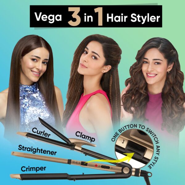 Vega 3 in 1 Hair Styler Straightener Curler and Crimper for Women All Hair Types (VHSCC-01) (549 g) - Vega