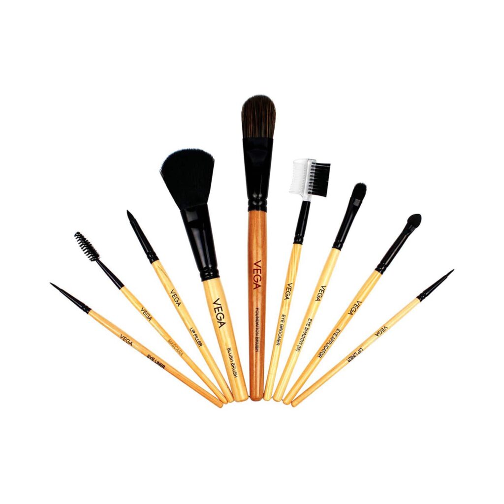 VEGA 9-in-1 Professional Makeup Brush Set - Wooden 9 Pieces (EVS-09) (176 g) - Vega
