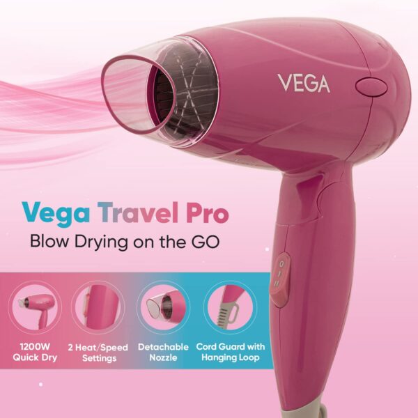 Vega Hair Dryer for Women 1200 Watts Travel Friendly Blow Dryer with Foldable Handle VHDH-33 - Vega